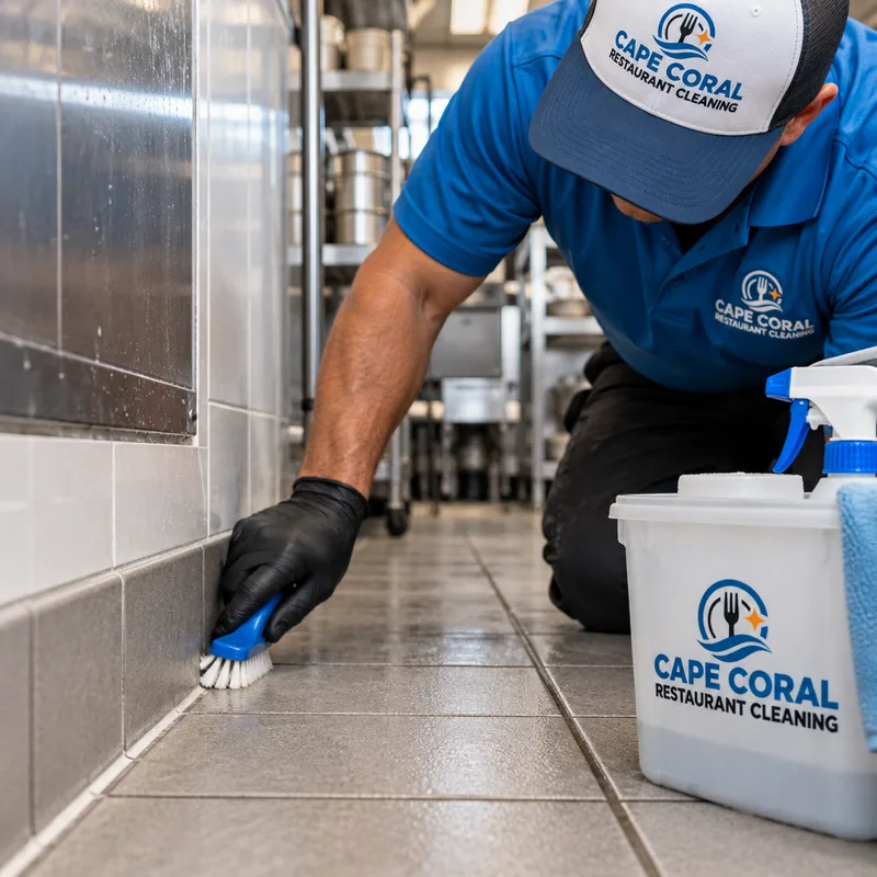 Degreased tile grout and cove base in a commercial kitchen
