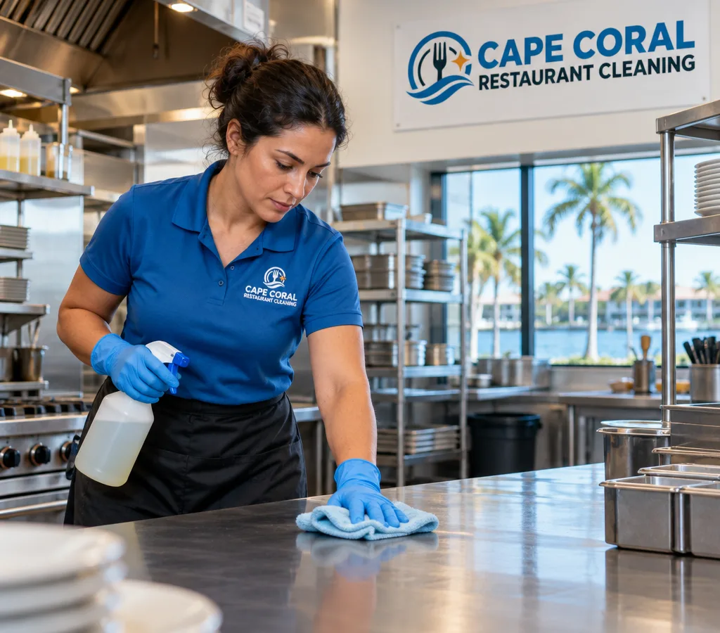 Professional cleaner sanitizing stainless prep tables in a Cape Coral restaurant kitchen