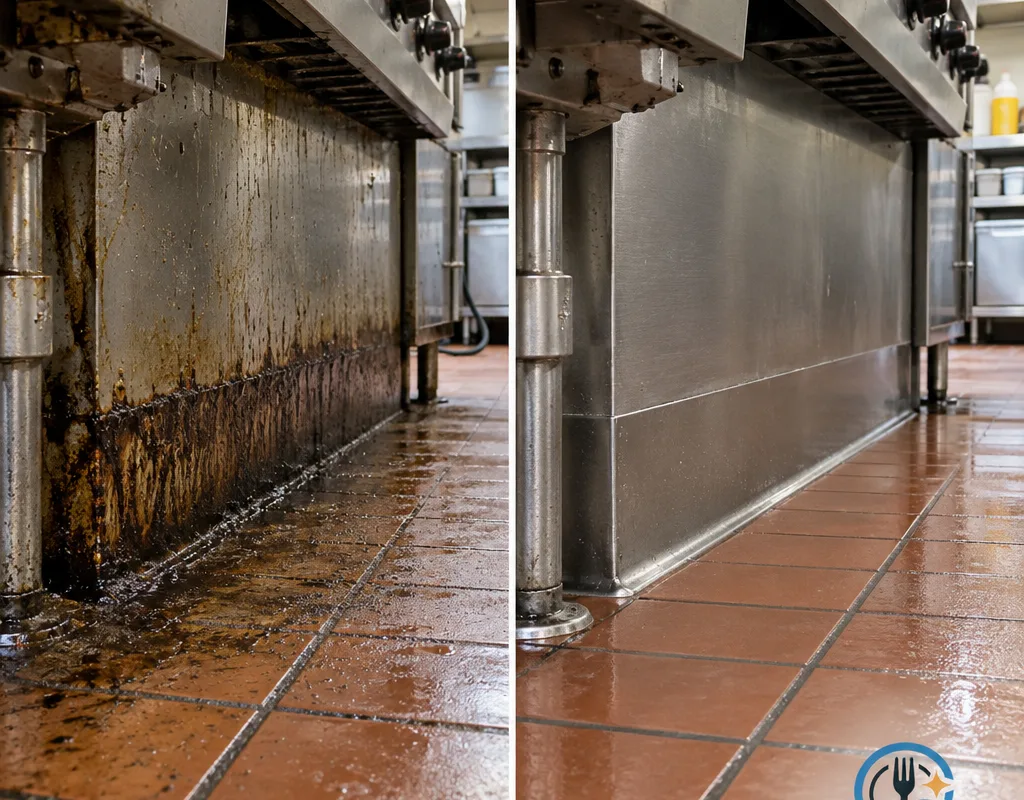 Before and after view of degreased kitchen floor edge and baseboard behind a cook line