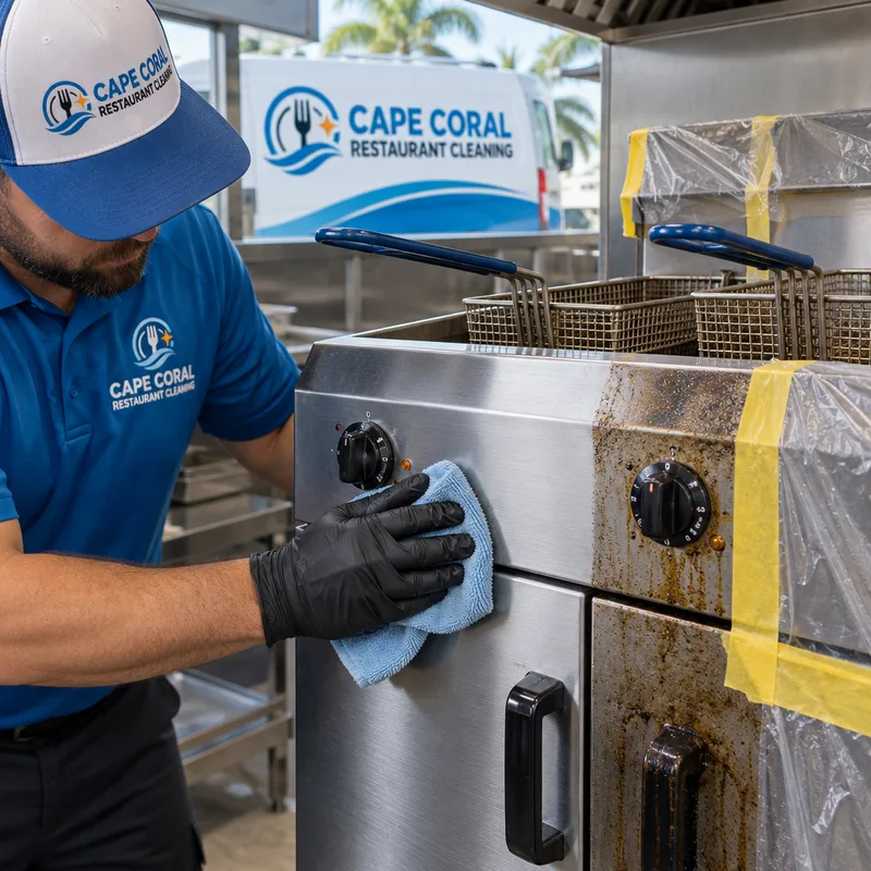 Cleaned fryer exterior and surrounding stainless with degreased controls and handles