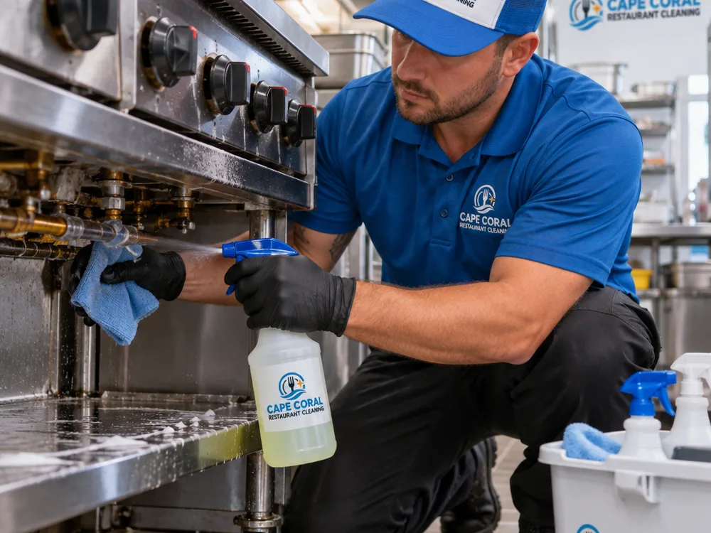 Technician detailing commercial range controls and undersides with labeled cleaning products