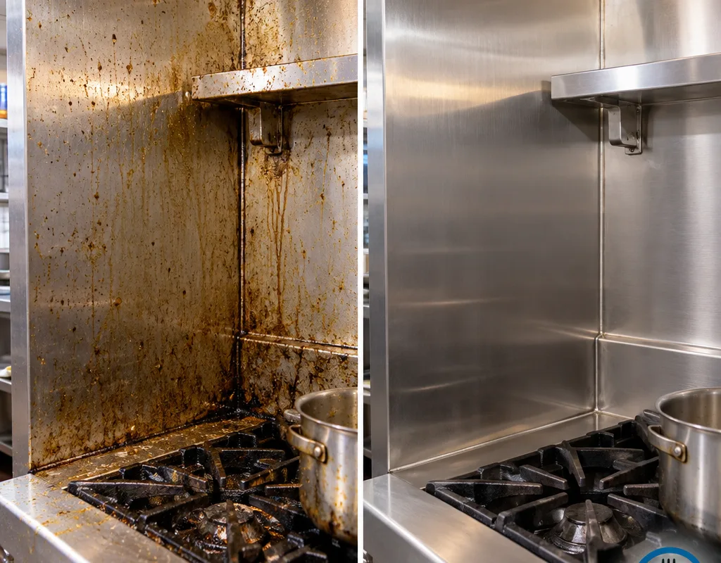 Before and after view of a degreased stainless backsplash and range side panels