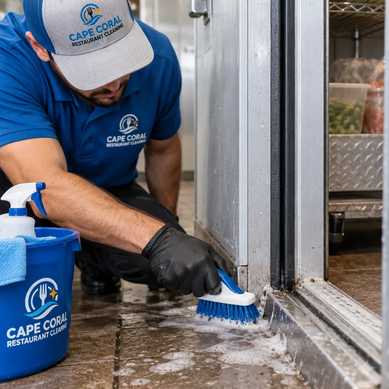 Restaurant walk-in cooler threshold and floor corner being scrubbed with food-safe cleaning tools