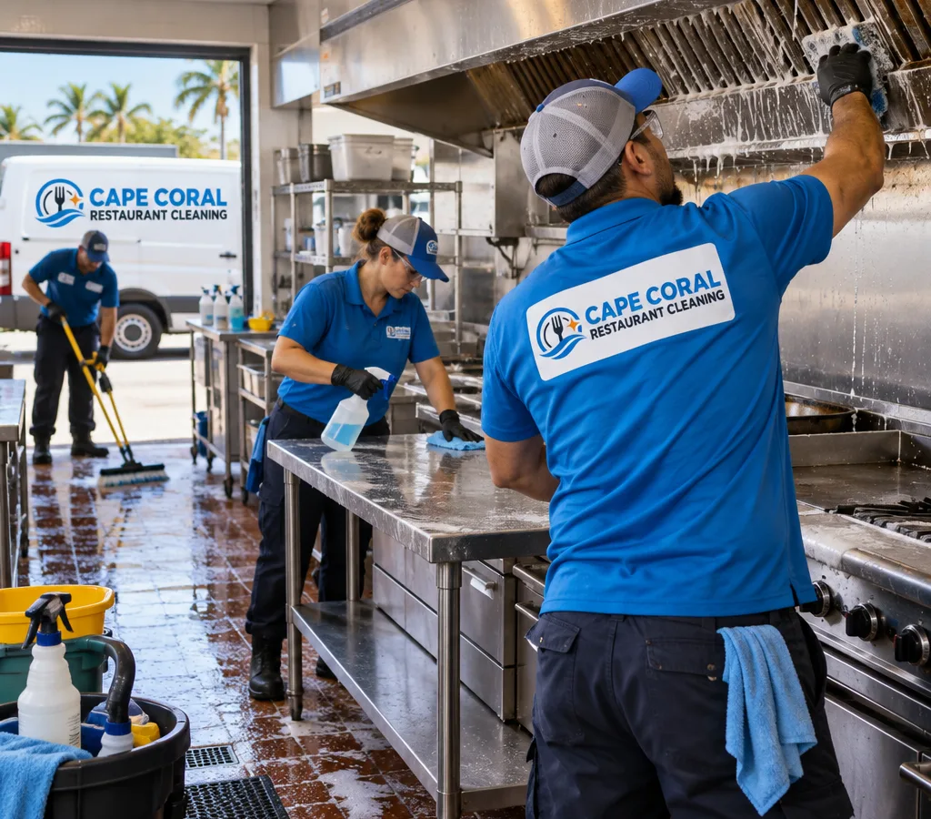 Professional cleaners in protective equipment deep cleaning a commercial restaurant kitchen line