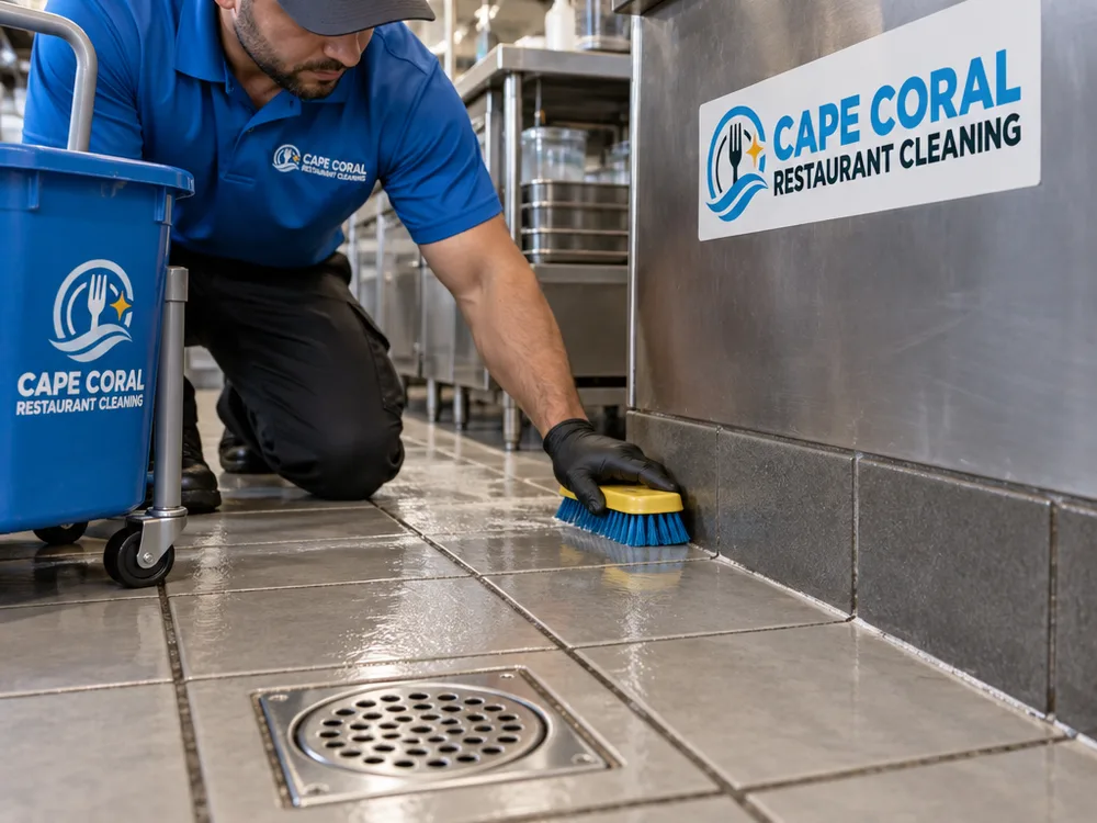Clean commercial kitchen floor corner, baseboard, and drain area after detailed scrubbing