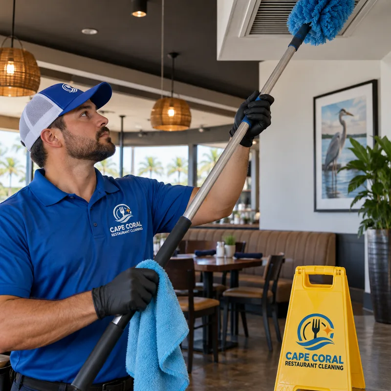 Technician using an extension duster and microfiber on high ledges and HVAC vents in a restaurant dining room