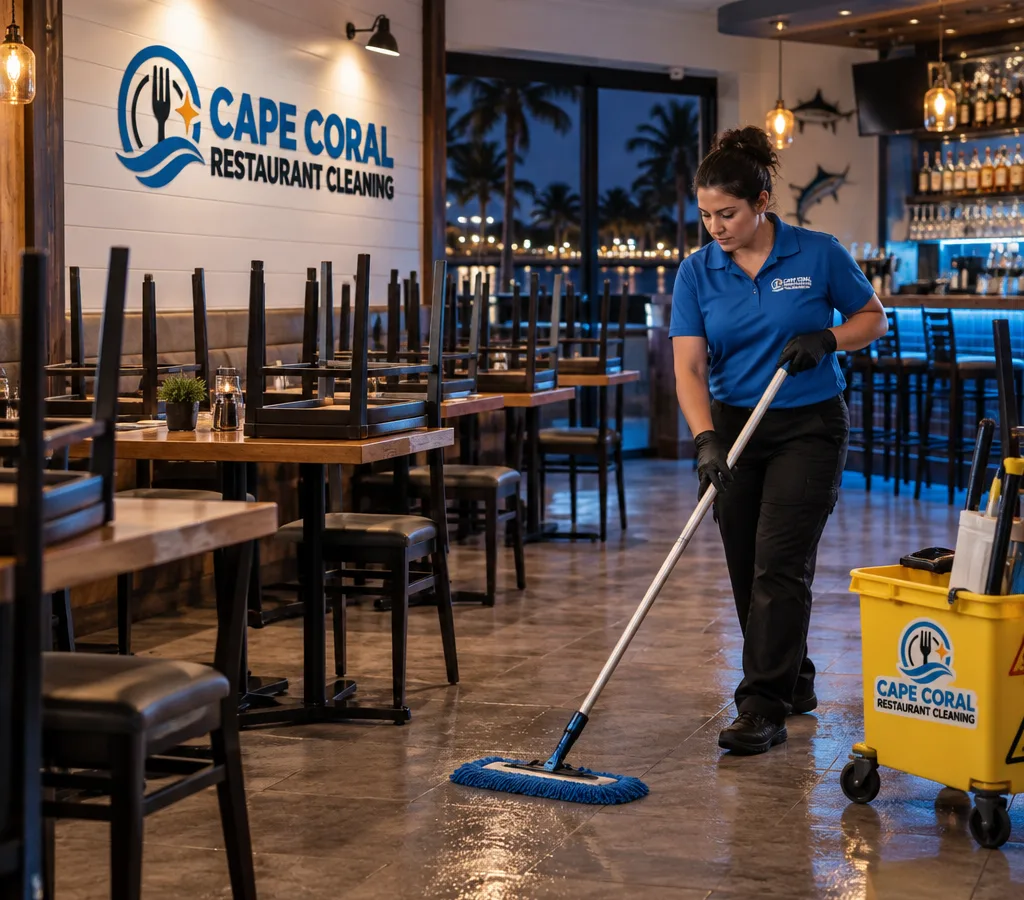 Night-time restaurant cleaning in a Cape Coral dining room with chairs raised, tables wiped, and a cleaner mopping near the bar