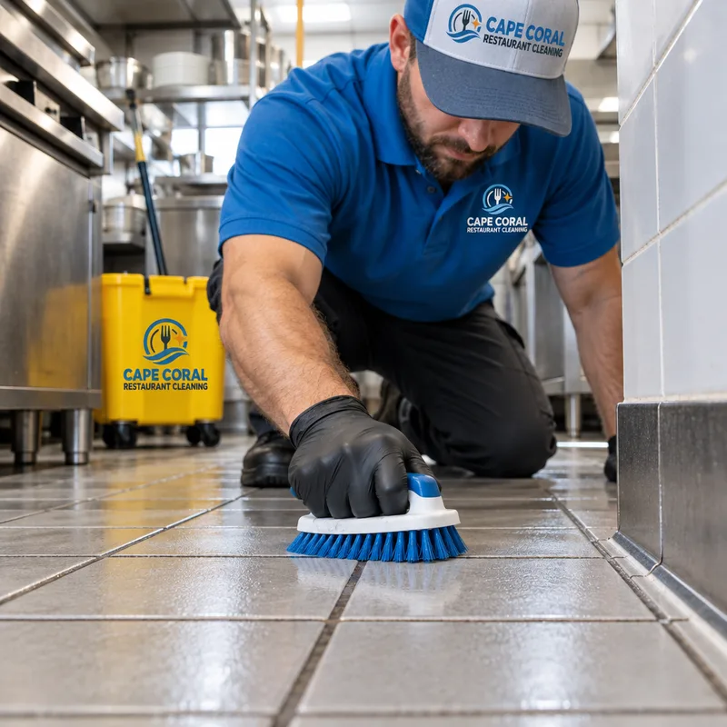 Freshly scrubbed commercial kitchen tile and grout floor with clean baseboards and corners