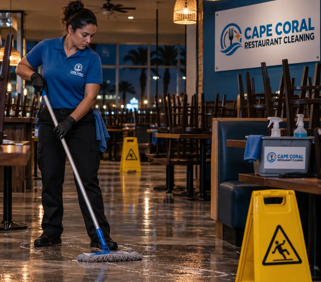 Cleaner mopping and detailing a restaurant dining room after closing