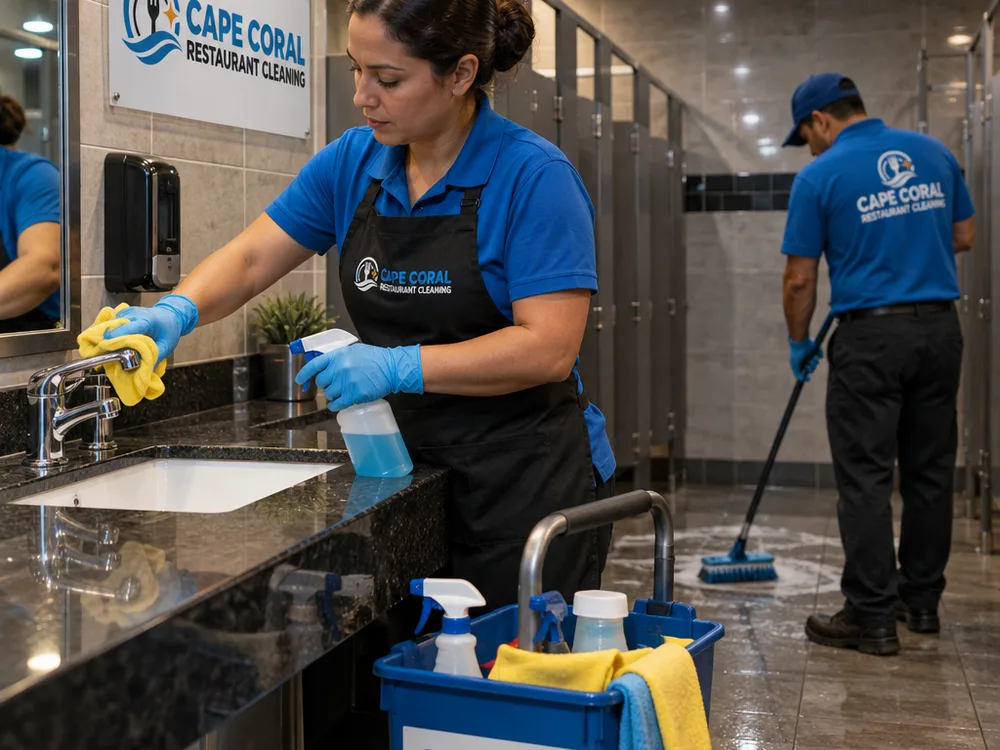 Cleaner disinfecting restaurant restroom fixtures and partitions at night