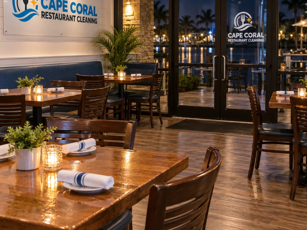 Clean restaurant dining room at night with dry floors and reset tables and chairs