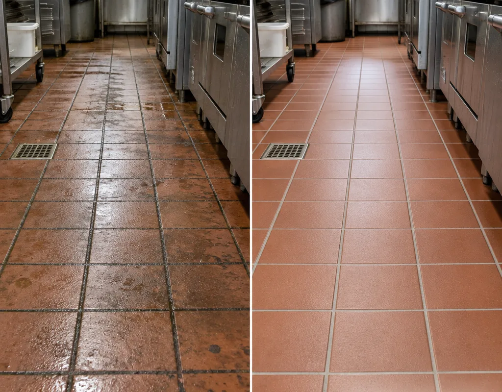 Before and after restaurant kitchen tile showing cleaned grout and grease-free traffic lanes
