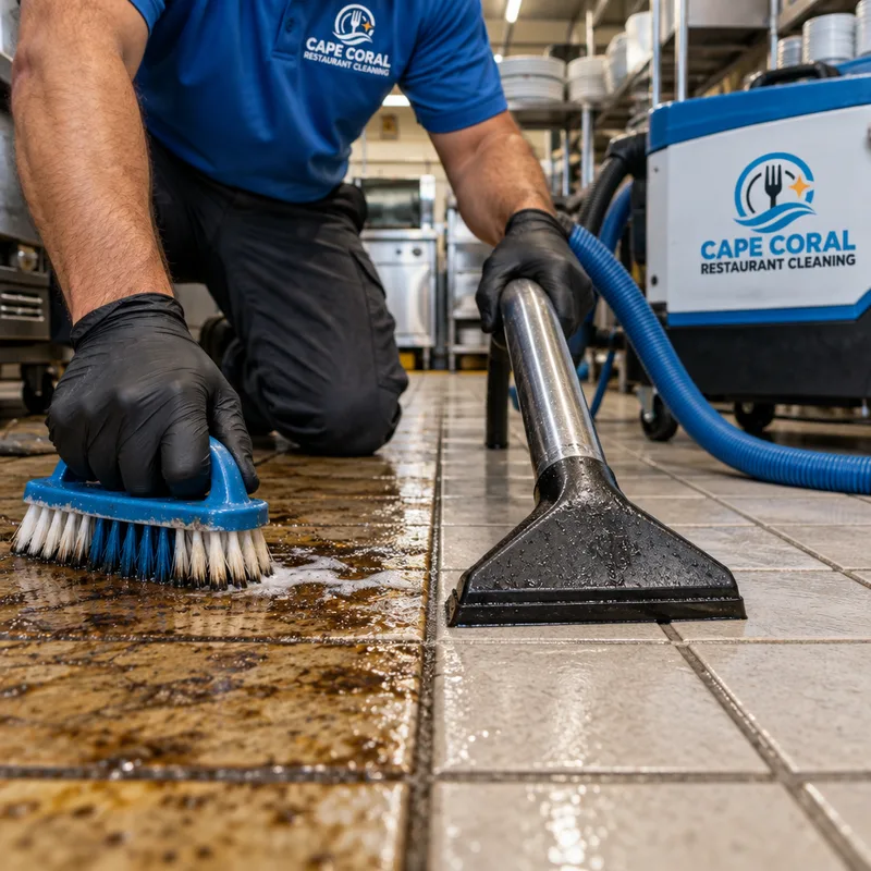 Close-up comparison of greasy and professionally cleaned restaurant tile grout with extraction tools
