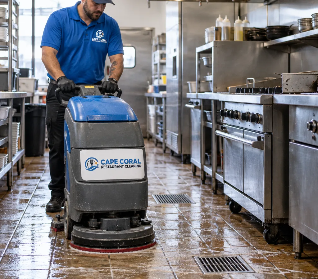 Technician cleaning greasy restaurant kitchen tile and grout with a low-profile auto scrubber