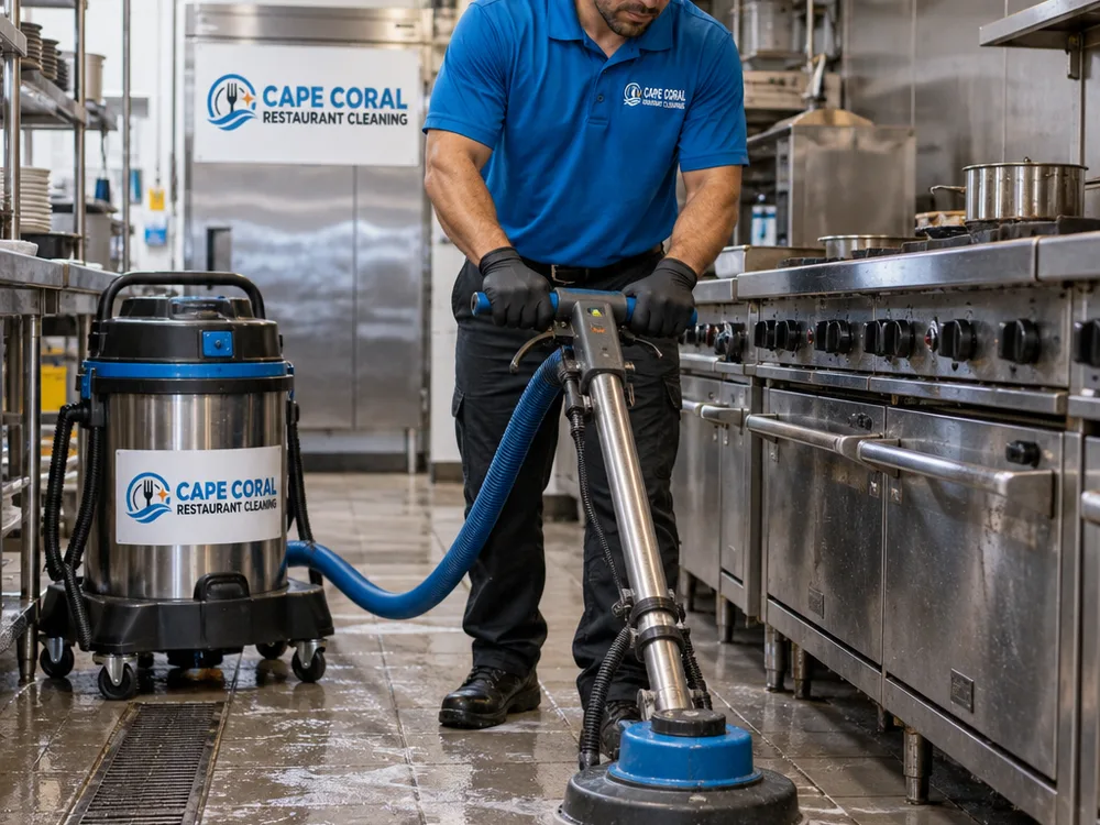 Technician mechanically scrubbing restaurant grout near a cook line with extraction equipment ready