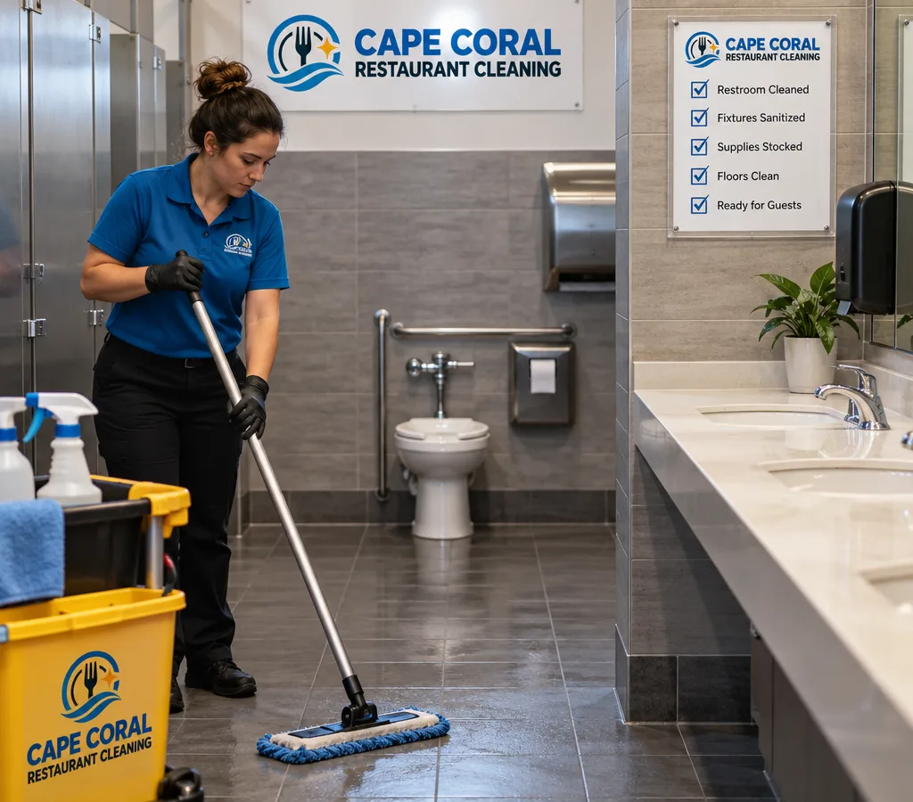 Professionally cleaned restaurant restroom with gleaming fixtures, stocked dispensers, spotless floors, and a cleaning checklist