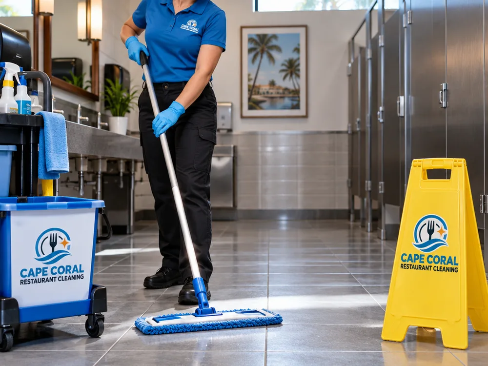 Freshly mopped restaurant restroom floor with clean grout lines and an appropriately placed floor sign