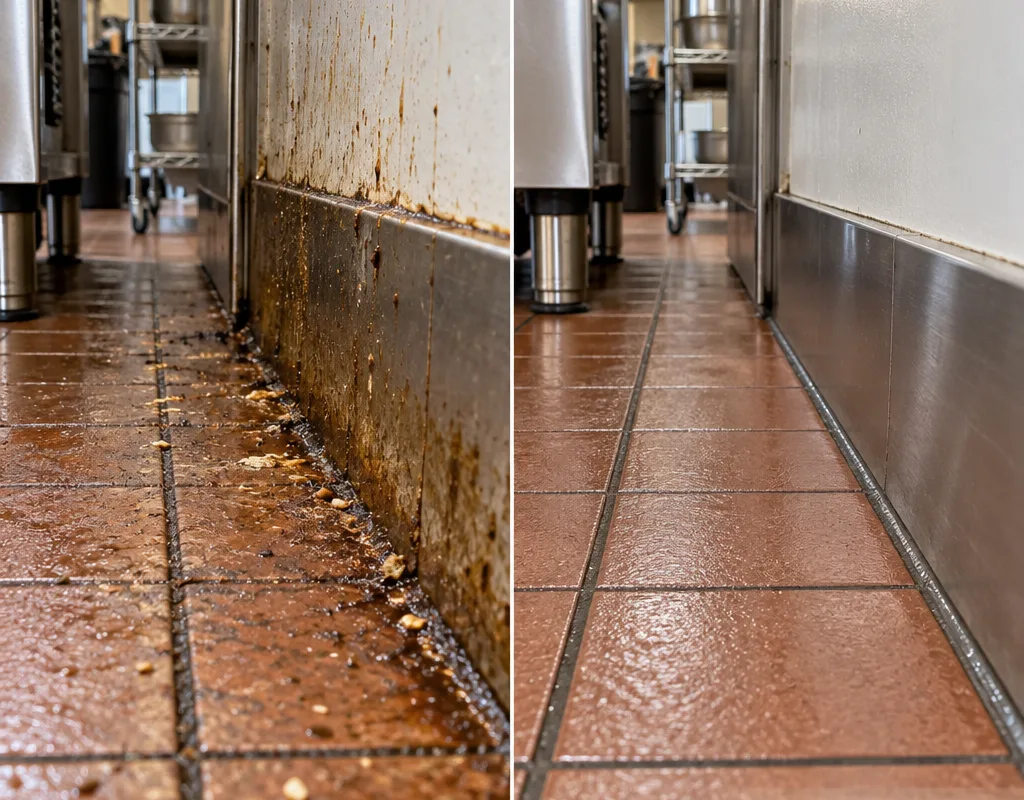Before and after comparison of a cleaned commercial kitchen floor edge and baseboard