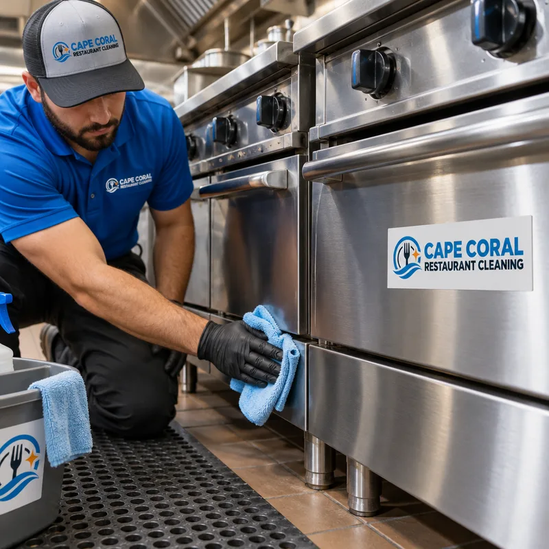 Cleaned stainless equipment fronts and kick plates along a commercial cook line