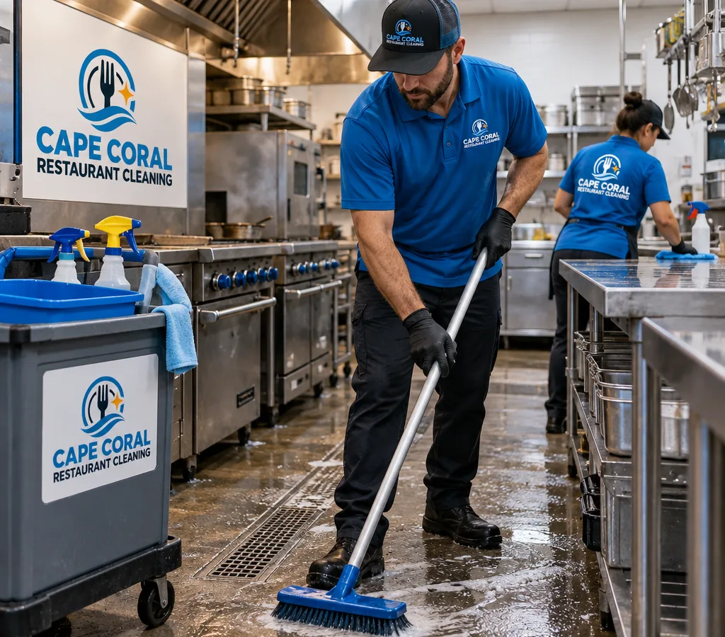 Technician cleaning a commercial kitchen line with stainless prep tables, cook line fronts, and floor area