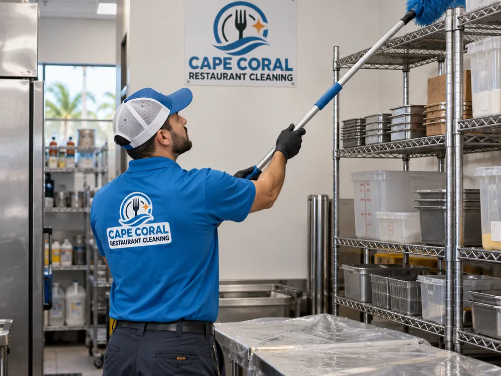 Worker performing controlled high dusting on commercial kitchen shelving and ledges