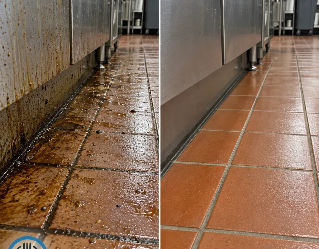 Before-and-after view of a cleaned kitchen floor edge and cook-line baseboard