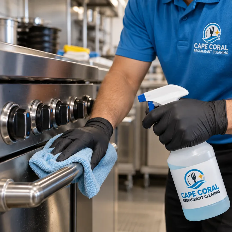 Gloved technician sanitizing stainless restaurant equipment handles and control knobs