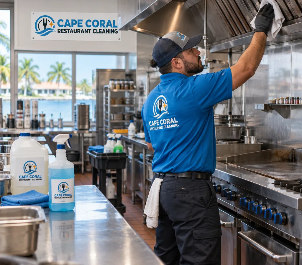 Technician cleaning a commercial kitchen line in a Whiskey Creek-area restaurant