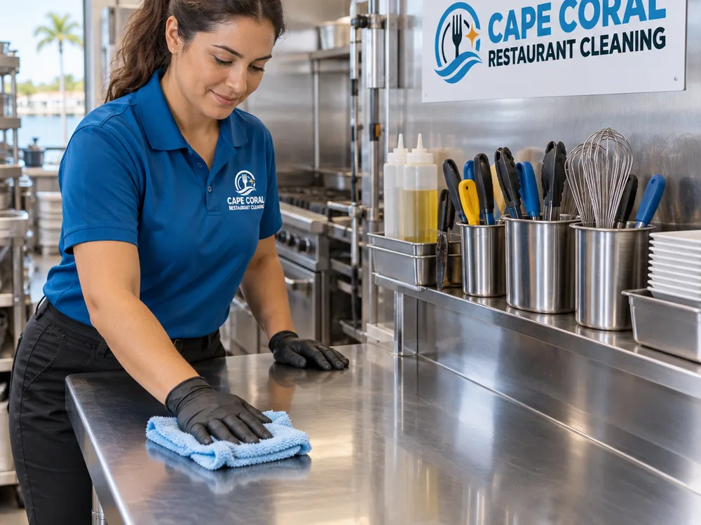 Cleaned and sanitized stainless prep area ready for food preparation