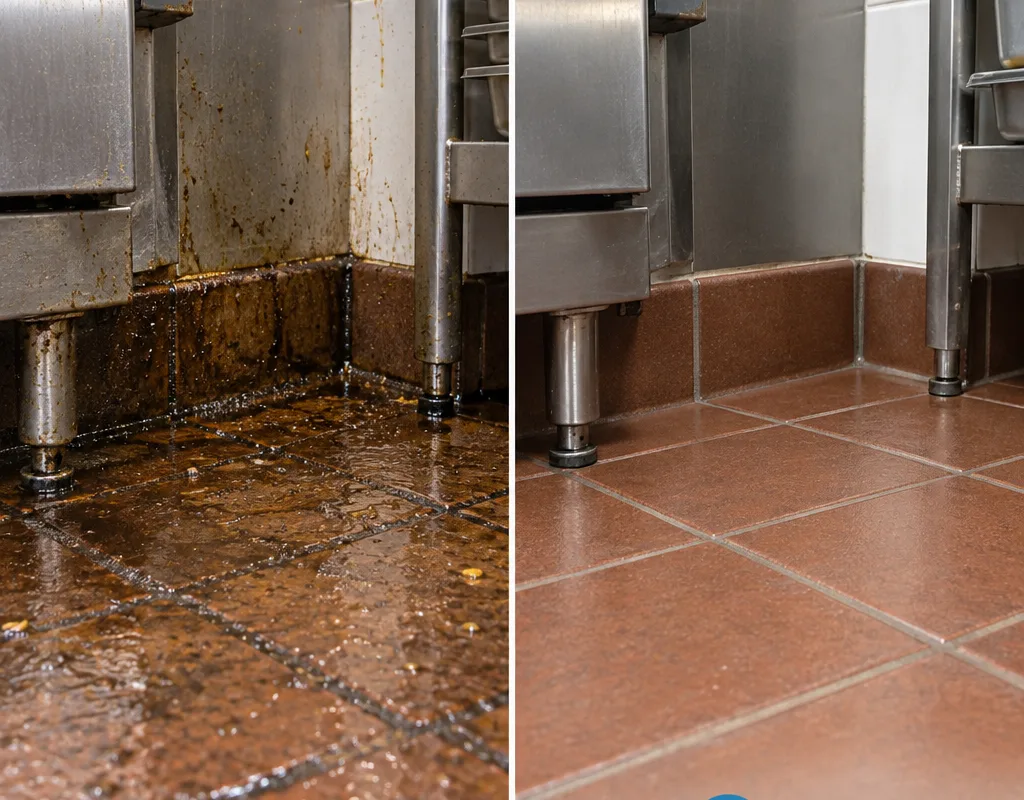 Before and after comparison of grease buildup removed from a commercial kitchen floor corner and grout lines