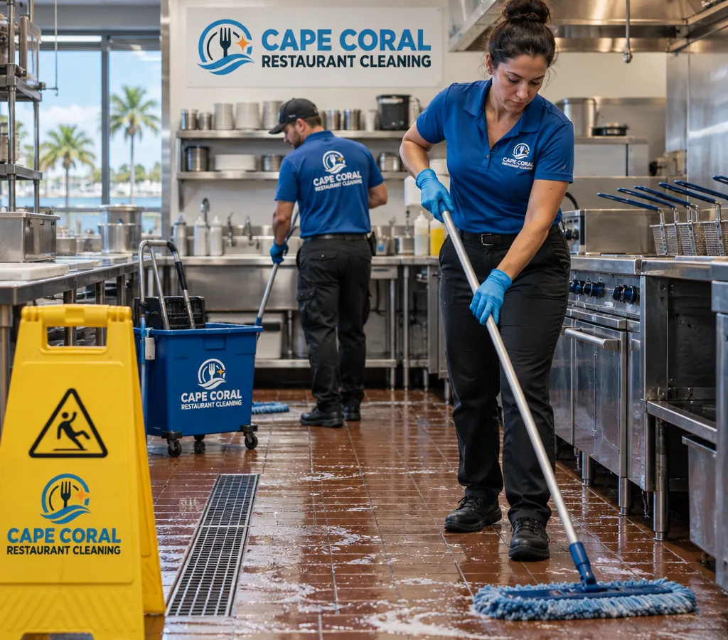 Early-morning commercial cleaning crew mopping a Punta Gorda restaurant kitchen near stainless prep tables and floor drains