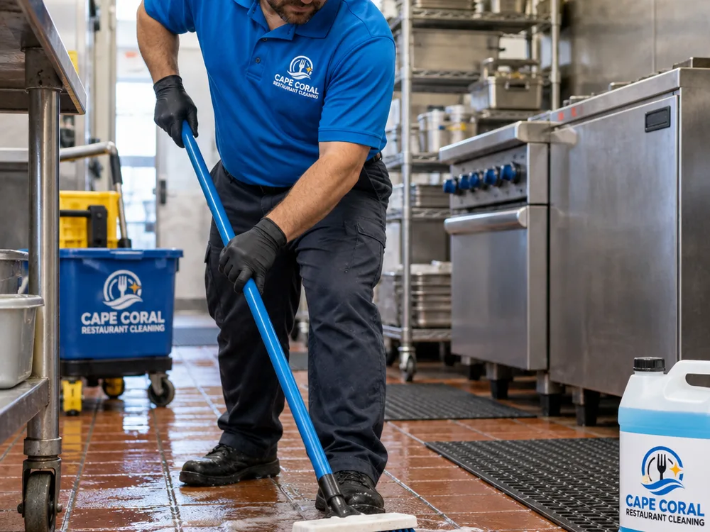 Cleaner scrubbing grout lines and corners on a Punta Gorda commercial kitchen floor