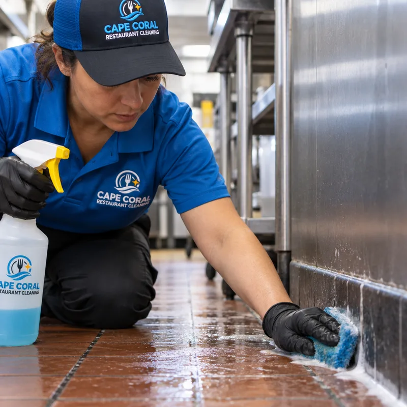Technician detailing a commercial kitchen floor edge and cove base with a scrub pad