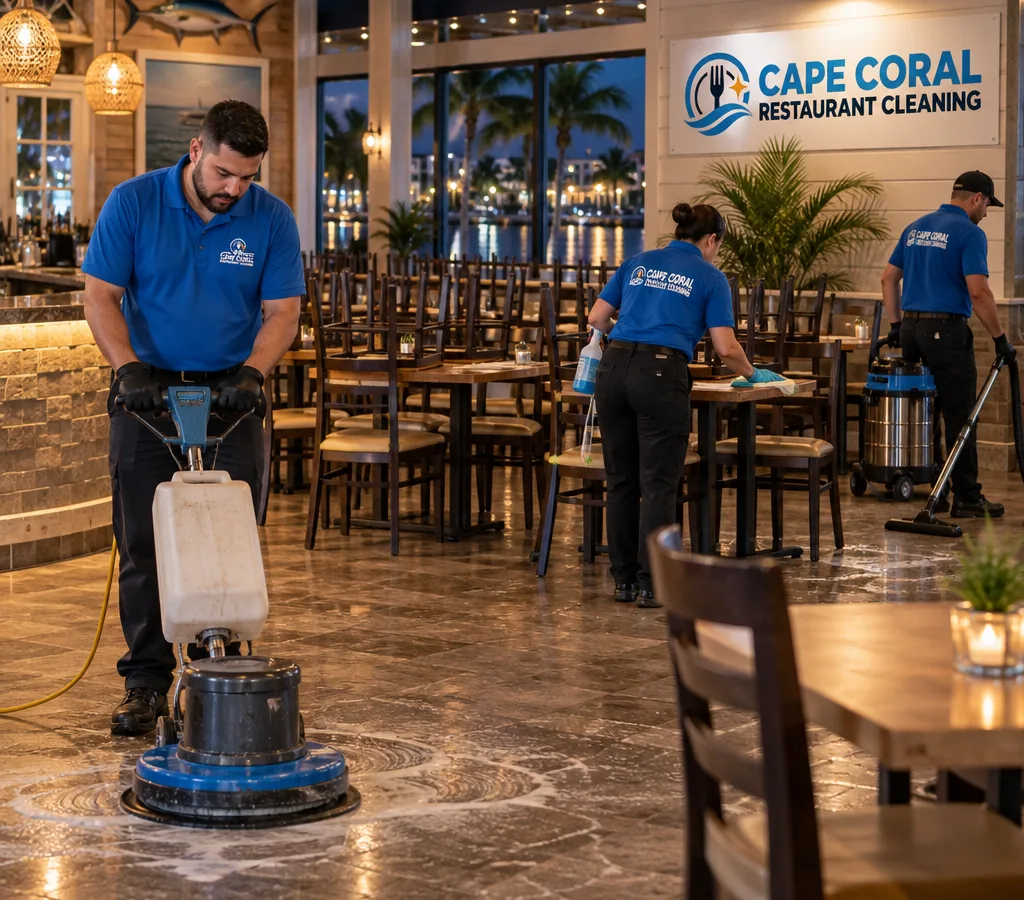 After-hours professional crew cleaning a Fort Myers restaurant dining area