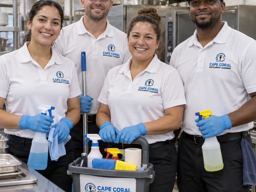 Restaurant cleaning crew with caddies and PPE in a commercial kitchen