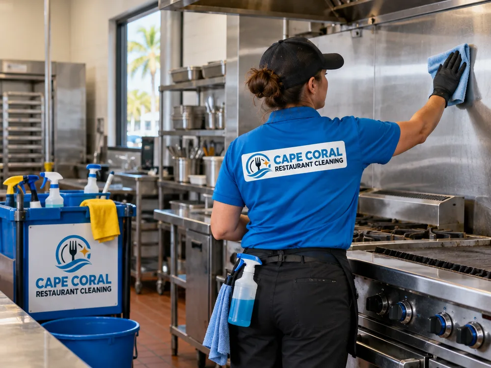 Cleaner detailing hood-side stainless surfaces and restaurant equipment fronts